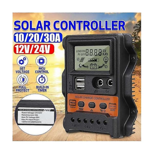 30a Solar Lader 12v24v Solcellepanel Regulator Auto 2 Usb LCD-Skjerm