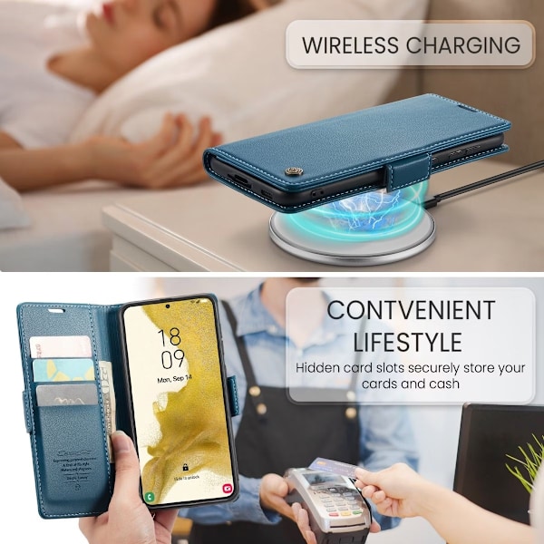 Samsung S21 - Fodral Premium Läder RFID Skyddat CaseMe® Blå Blue