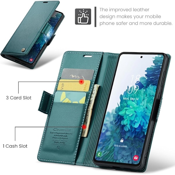 Samsung S20 FE - Fodral Premium Läder RFID Skyddat CaseMe® Grön Green