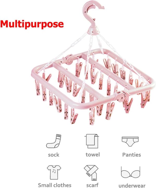 (Pink) Vaateripustin 32 klipsillä, taitettava vaateklipsiteline