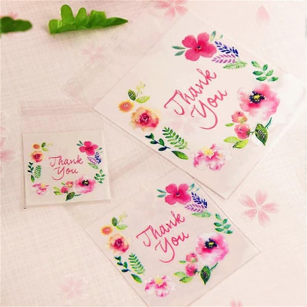 100 stk. Tak Blomstermønster Gavepose Selvklæbende Slikkageposer Cellofanpose Pakkepose Festgavepose (7 x 7 + 3cm)