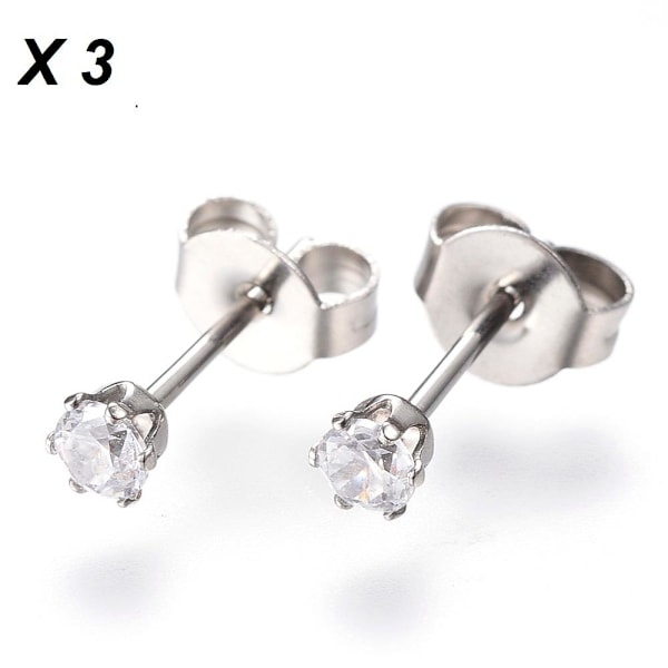 2 par Studs Örhängen i 316L stål med 3 mm Kristall vit  CZ x2