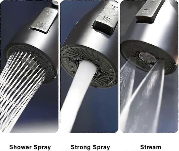 360° roterbar svart kjøkkenkran med 3 spraymoduser og FM22/M24 tutsprayhode