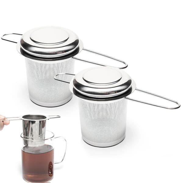 2 stk. tefilter, teinfuserkurv i rustfrit stål til krus, teinfusere til løs te, finmasket tediffuser med langt håndtag
