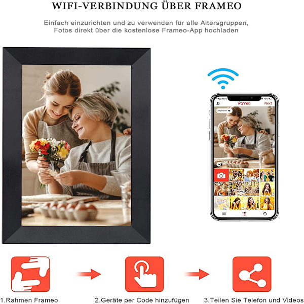 Digital Foto Ram WiFi 8 Tum Elektronisk Foto Ram med 16GB Minne, IPS Pekskärm, Auto Rotation, Lätt att Dela Foton och Videor via Frameo App