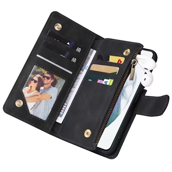 iPhone 14 - Multifunktionellt Plånboksfodral Zipper 8-Fack Svart