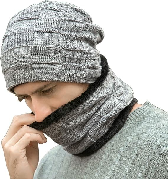 Grå Laden Vinter Hue Halstørklæde Sæt Varm Strikket Hue Skull Cap