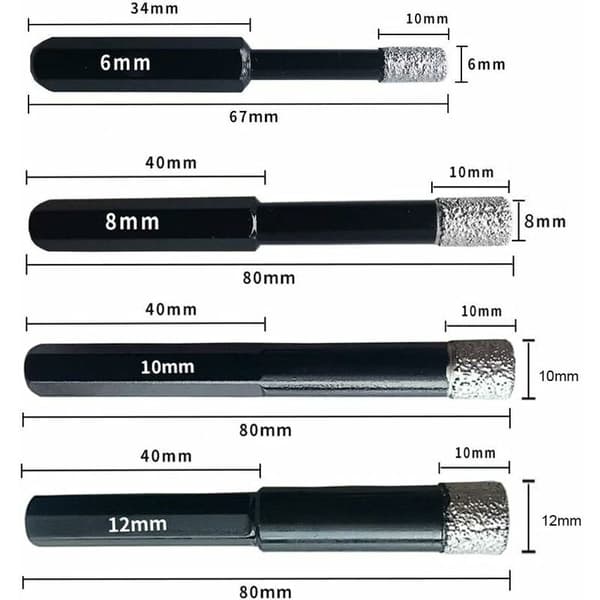 Set med 4 diamantborrar för kakel, keramik, porslinssten