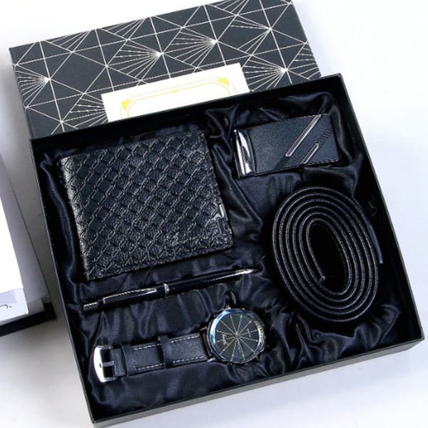 Herrset i 6 delar (skjorta med tryckknappar + bälte + plånbok + klocka + penna + elegant presentförpackning) black
