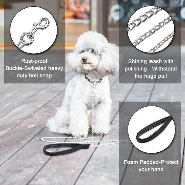 Hundkoppel Stålkedja Solid Hundmetallkoppel PU-läderhandtag