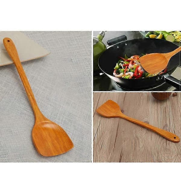 4 stk. kjøkkenredskaper i tre, uten maling, non-stick gryte, solid trespade sett, ren teak, solid tre, lang