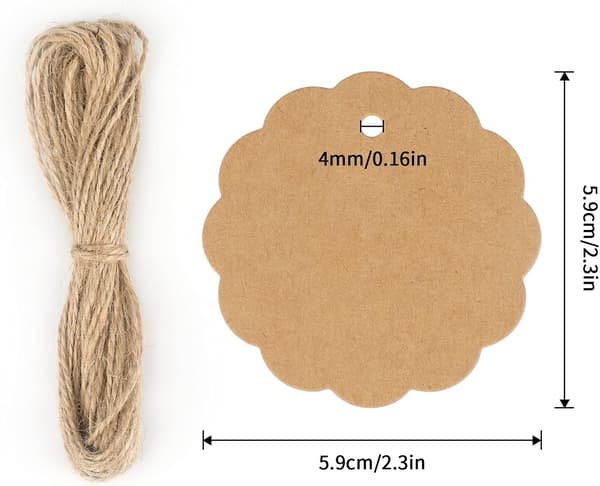 6 cm runde kraftpapir-mærker, 100 stk. gavemærker med jutegarn til