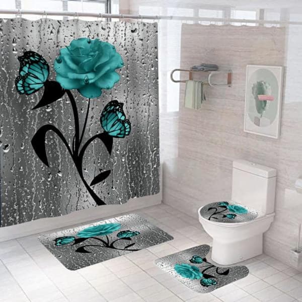 #Grønt blomstret polyester bruseforhæng - 180*200CM#