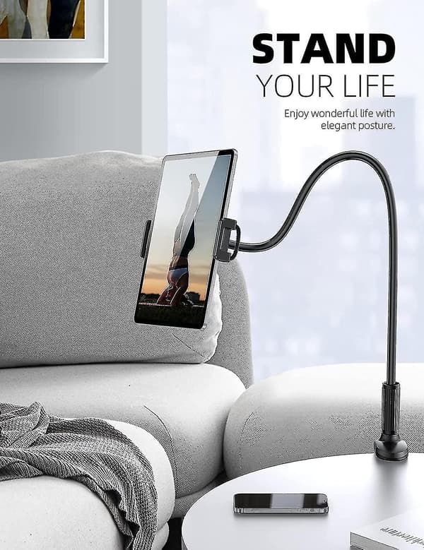 Svanehals Tablet Holder til Seng - Fleksibel Tablet Arm Klemme til Seng Kompatibel - Sort