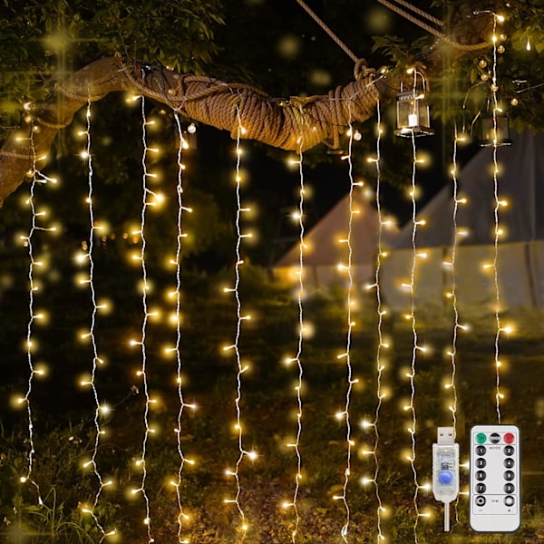 Gardinljus för sovrum, 200 led hängslinga utomhus vattentät Warm White USB-200 LED