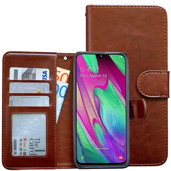 Galaxy A40, nahkakotelo, suoja, musta Svart