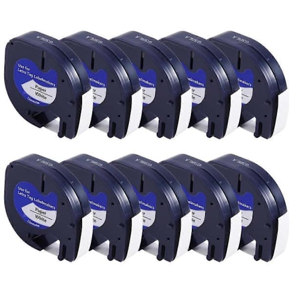 10 stk. etiketprinterrefiller til Dymo Letratag Refiller 12mm x 4M Hvid Plast Etikettape til Letra Tag