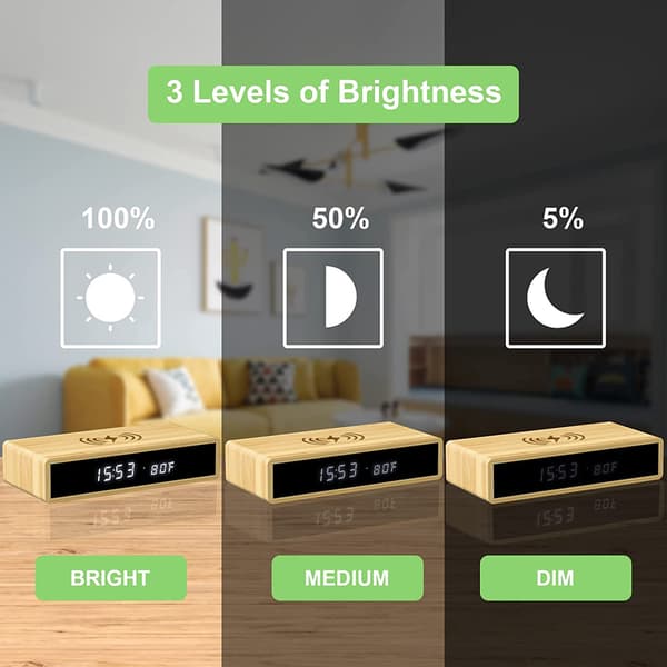Digital Väckarklocka, Trädesign, Snabb Trådlös Laddare, USB-Laddningsportar, Dimbar Display, Stor Sifferdisplay för Sovrum, Naturlig Bambu