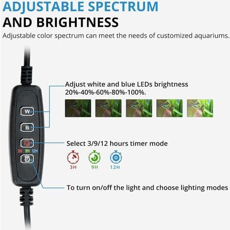 LED-akvarielampa med timerfunktion, dränkbar vit och blå belysning, justerbar belysning för akvarium, 4W, 230 LM