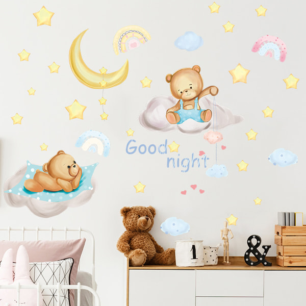 Björn som sover på månen och stjärnor Väggdekaler för barn Baby