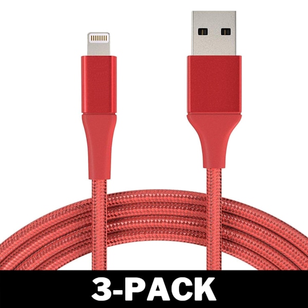 1M Kabel iPhone Laddare Nylon Quick Charge Röd 2-Pack