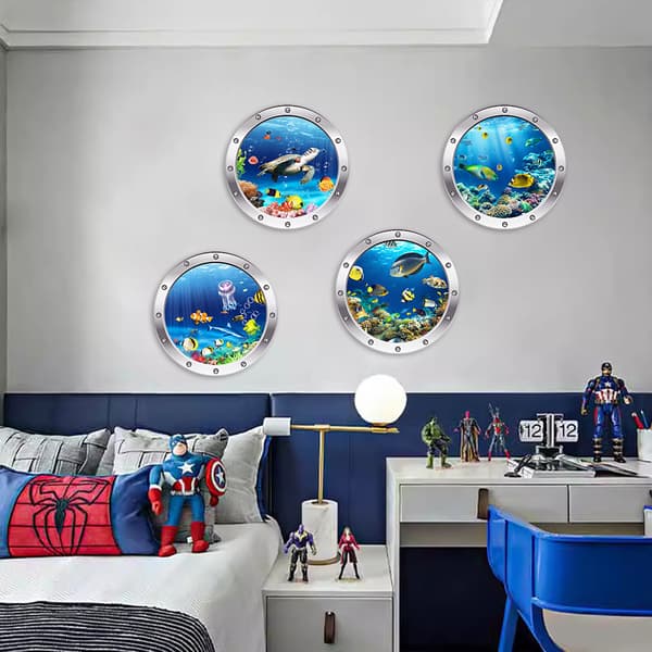 3D Set med 4 st Havsliv Fisk Väggdekaler för Badrum, Under Th