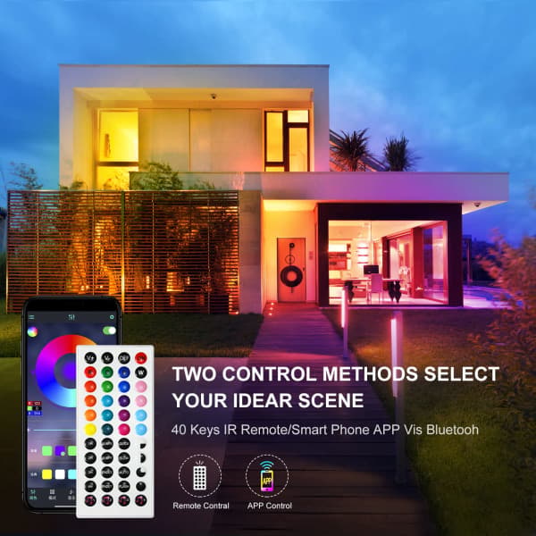 LED-lysstripe, 15M, RGB, 24V, Bluetooth, IR-fjernkontroll, App-styring, musikkmodus