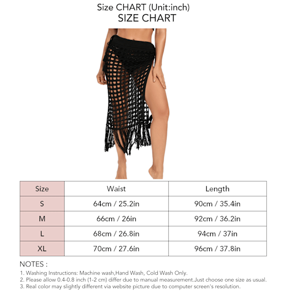 Dam Hollow Out Kjolar Mesh Tofs Stickad Delad Fåll Hög Midja Sida Knytning Strandöverdrag Sarong Svart M