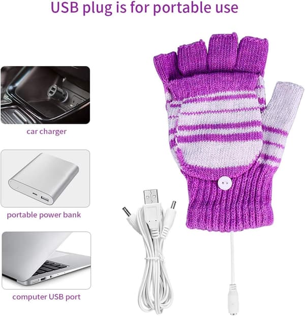 1 par USB 5V oppvarmede hansker, stripete strikkemønster, vintervarme
