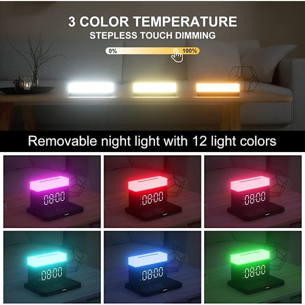 6-i-1 Trådlös Laddningsstation med LED-Nattlampa Digital Väckarklocka 18W Snabbladdning Kompatibel med iPhone 13 12 11 Pro SE XS XR X 8Plus 8