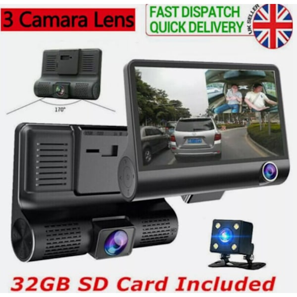 Trippel Dashcam, 1440P Dash-kamera med överlägsen WDR-teknik, 3-lins kamerasystem Full HD Fram & Bak Videobandspelare med Loop-inspelning för Bilar