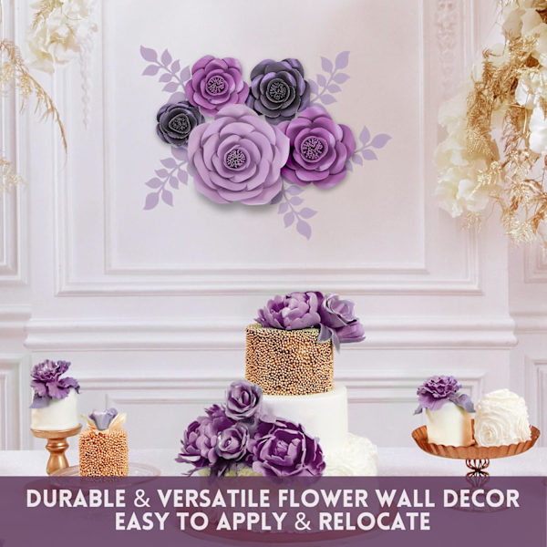 Store 3D papirblomstdekorasjoner for vegger, bryllup, brudedusjer