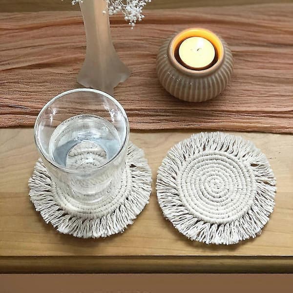 Håndlavede Macrame Brikker, Runde Kvaster Brikker til Drikkevarer, Absorberende Varme- og Vandafvisende Genanvendelige Holdbare Underkopper Bar (Beige, 2 stk.) 15*15cm