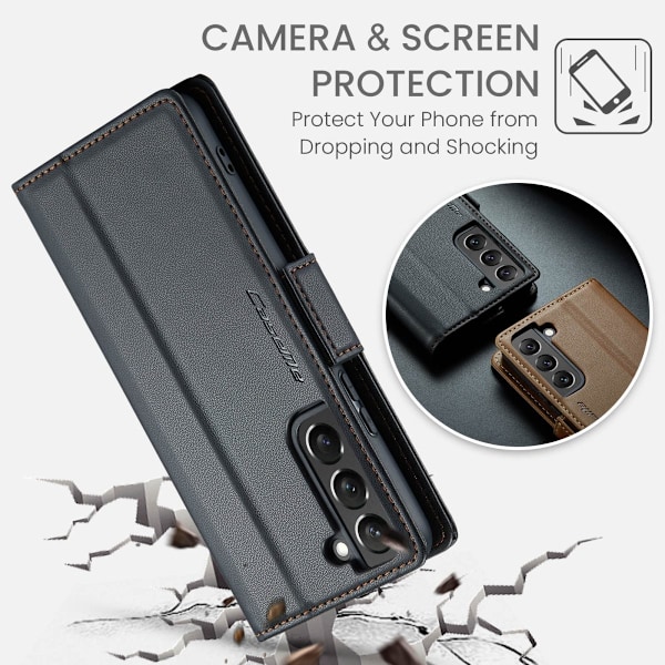 Samsung S21 - Fodral Premium Läder RFID Skyddat CaseMe® Svart Black