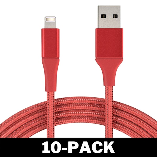 1M Kabel iPhone Laddare Nylon Quick Charge Röd 2-Pack