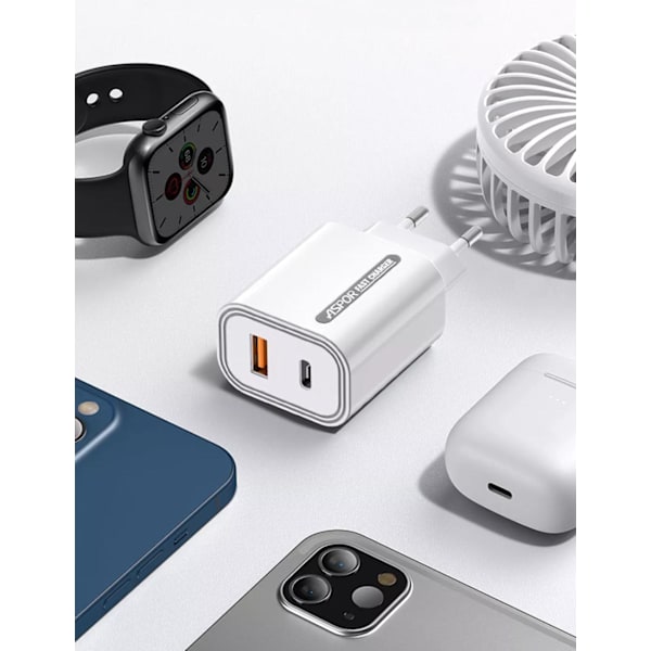 Oplader 33W, Hurtigoplader, USB 3.0, USB-C, Strømadapter, Hvid