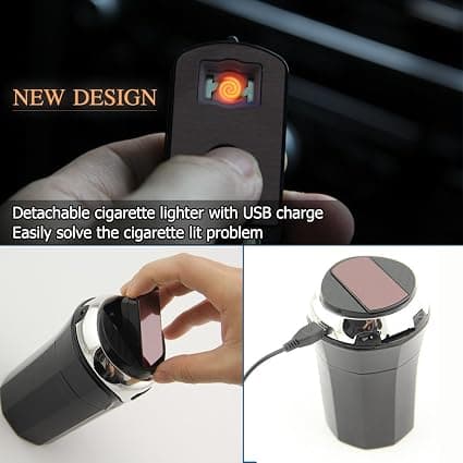 Bærbart bilaskebeger med avtakbar røykfri lighter og USB-lading