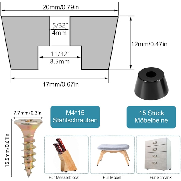Gummifötter skruvbara möbelglider svarta möbelfötter halkfri film