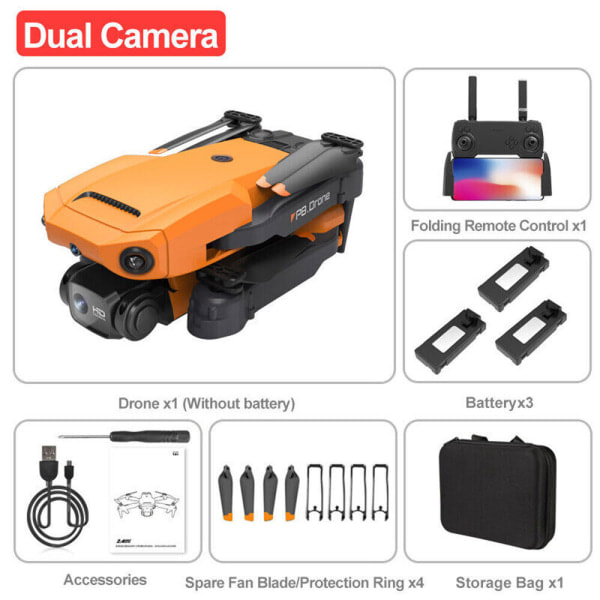 3 Batterier Drone Pro 4K HD Selfie-kamera WIFI FPV GPS Vikbar RC Quadcopter Orange Orange