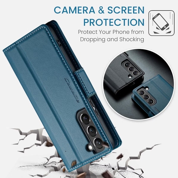Samsung S22 - Fodral Premium Läder RFID Skyddat CaseMe® Blå Blue