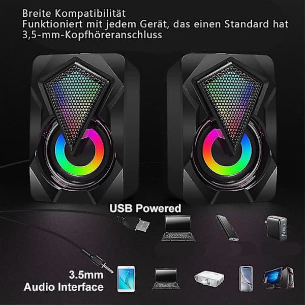 USB-computerhøjttalere 10 W 2.0 stereohøjttalersystem med farverig LED-belysning til pc-computer, stationær computer, bærbar computer, smartphone
