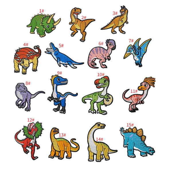 15 broderede strygemærker med dinosauermotiver