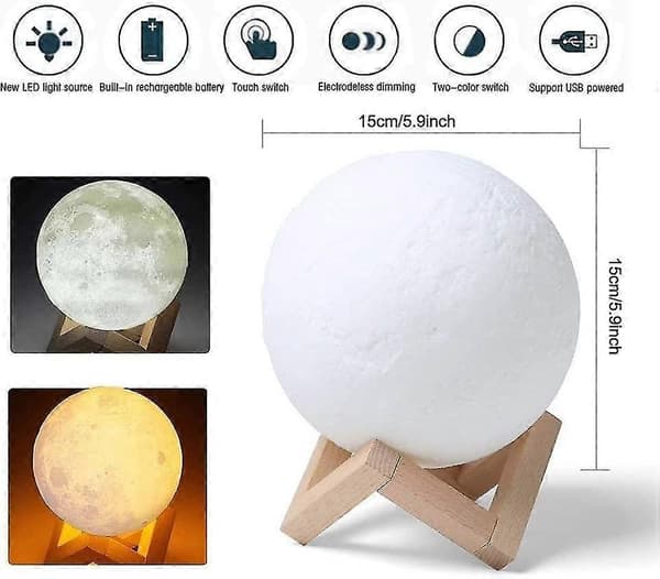 3D Fullmånelampe, 15cm/5.9inch Led Måne Nattlys Moderne Lys USB-Lading Gratis Trestand Hjemmeinnredning Julegave Til Barn, Barn, Venner