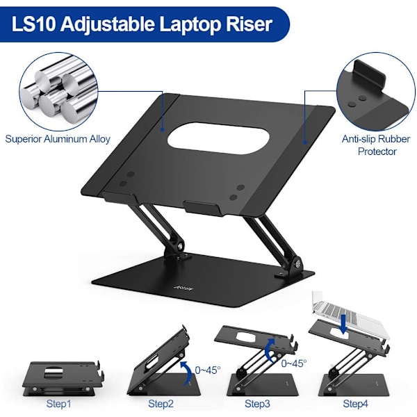 Ergonomiskt datorställ för bärbar dator, aluminiumlegeringskonstruktion för hållbarhet, hopfällbart och portabelt laptopstativ, stöder MacBook Air Pro, Dell XPS,