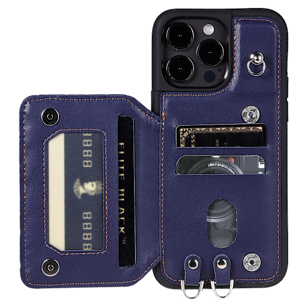 Phone case för Iphone 15 Pro Max Rfid Blocking Pu Läderbelagd TPU-skal med handledsrem Blue