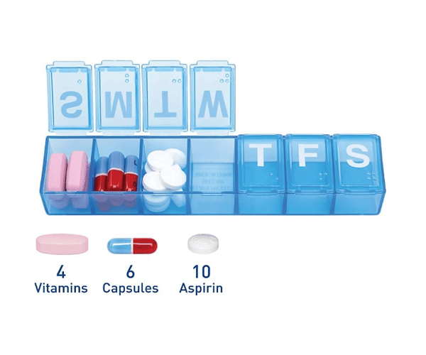 Himmelblå, dagbok for 7 dagers vitaminer og medisiner, ulike matvarer