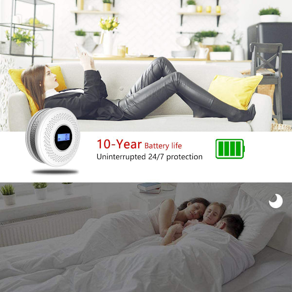 Rökdetektor med kolmonoxidlarm, 10 års livslängd, LCD digital display för realtidsövervakning, talande larmsystem, lämplig för