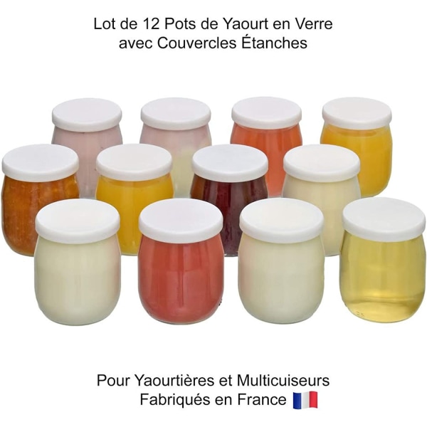 Set med 12 glasyoghurtburkar med lufttäta lock - Made In France