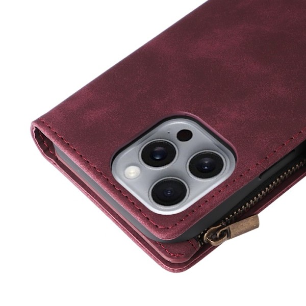 iPhone 16 Pro Multifunktionellt Plånboksfodral Zipper 8-Fack Vinröd