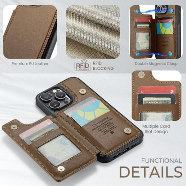 iPhone 16 Pro Cover med Kortlomme og RFID-beskyttelse - CaseMe C22 Lilla Brun